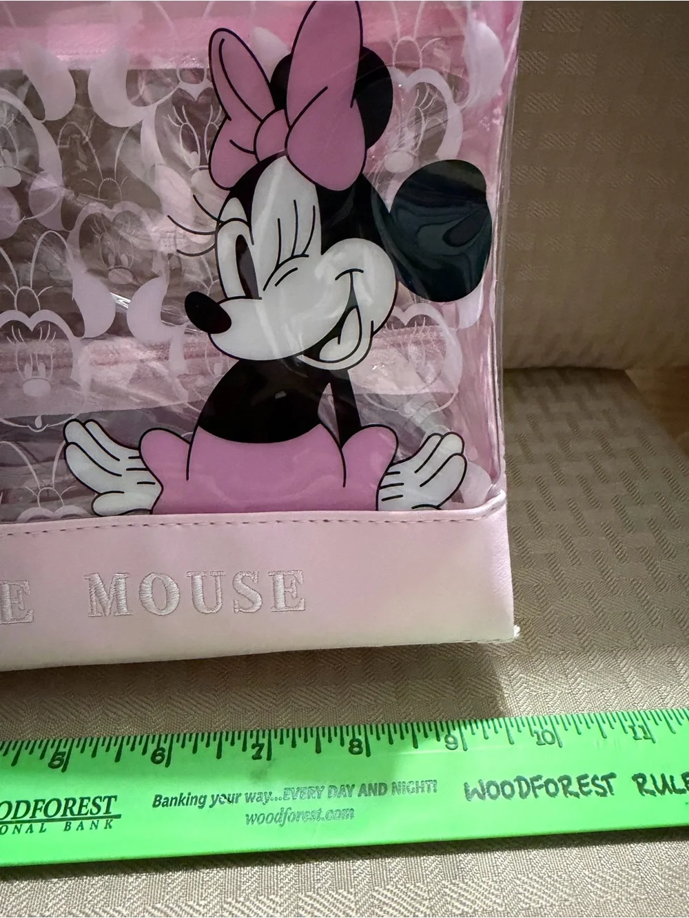Minnie Mouse Pink Clear Cosmetic Bag “L” monogram on front.